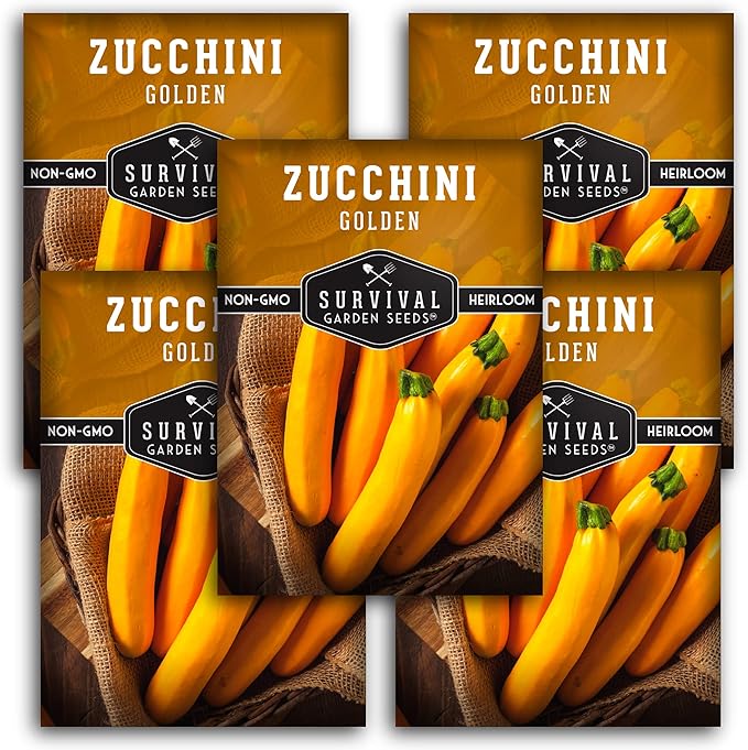 Survival Garden Seeds - Golden Zucchini Seeds for Planting - 5 Packs with Instructions to Plant and Grow Yellow Zucchini Vegetables in Your Home Vegetable Garden - Non-GMO Heirloom Variety