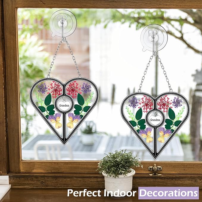 KY&BOSAM Heart Suncatcher Grandma Stained Glass for Windows Hangings Ornament Wind Chimes with Pressed Real Flower Heart Embedded in Glass Birthday Gifts for Women Grandma Mother`s Day Christmas Decor