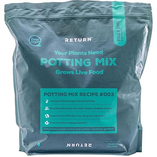 Return Potting Mix #003, 4-QT Pouch, Organic Matter Potting Mix for Indoor Outdoor Potted Plants, Container Gardens, Vegetables - Peat Free, Improve Soil Structure, Retain Plant Moisture, Eco-Friendly