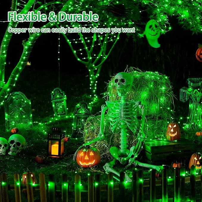 JMEXSUSS 2 Pack Green Solar Halloween Lights Each 66ft 200 LED Green Solar Lights Outdoor, 8 Modes Copper Wire Solar Fairy Lights for Garden Yard Patio Christmas Halloween Decorations