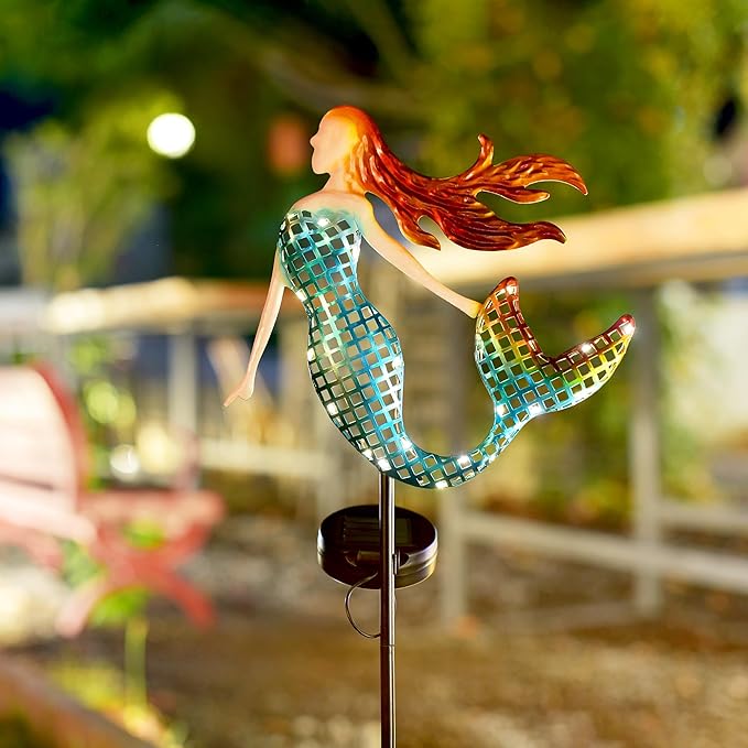 ARTER Solar Garden Stake Lights, Metal Mermaids Ocean Nautical Outdoor Waterproof Solar Pathway Lights with 3.6 Feet 22 LED Fairy Lights for Yard Patio Lawn Poolside, 37 Inches Tall (Pack of 2)