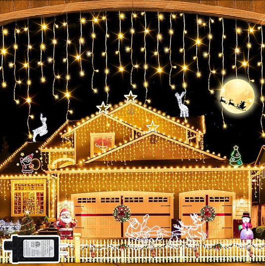 Christmas Lights 640 LED 65 FT Christmas Lights Outdoor with 120 Drops Plug in 8 Modes Christmas Decorations Curtain Fairy Lights for Wedding Party Holiday Bedroom Garden Patio Indoor (Warm White)