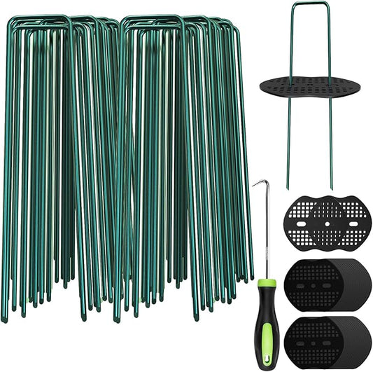 FOTMISHU Landscape Staples 5.7Inch 250Pcs Garden Stakes with 250pcs Gasket, Lawn Pins with Spray Coating Craft,11Gauge Anti-Rust Ground Yard Spikes Anchoring for Outdoor Tents Irrigation Hoses (Green)