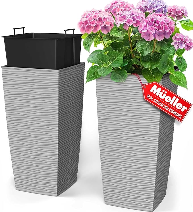 Mueller M-Resin Heavy Duty Tall Planter, Indoor/Outdoor Grande Plant, Tree, Flower Pot, 2-Piece Set, 24”, Modern Design, Built-in Drainage, Light Gray