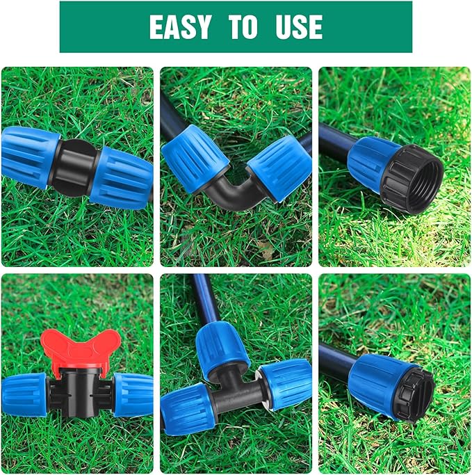 32 Pcs 1/2" Tubing Irrigation Fittings Kit 1/2" ID x 0.6-0.63" OD 16 mm Drip Irrigation Barbed Connectors 4 Switch Valves, 8 Tees, 8 Couplings, 4 Elbows, 4 Ends, 4 Adapters (Blue, Green)