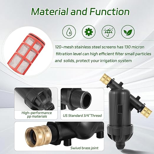 US Standard 3/4 Drip Irrigation Y Filter (120 Mesh Stainless Steel Screen), USA Garden Hose 3/4 GHT Male Thread Irrigation Screen Filter with 2 Pcs Female Thread Brass Connector for Garden Irrigation