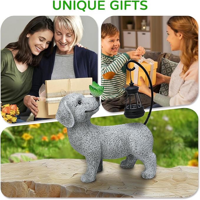 Solar Garden Outdoor Statues Dog with Butterfly Solar Lantern, Lawn Decor Puppy Figurine for Patio Balcony Yard, Yard Unique Christmas Birthdays Gift for Mom Grandma