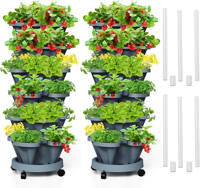 Strawberry Vertical Planter Tower Garden 2 Pack, 6 Tiered Stacking Planter with Support Pole, Stackable Herb Planter Indoor Outdoor Dark Grey