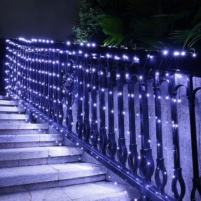 LYHOPE 12ft x 5ft 360 LED Christmas Net Lights, 8 Modes Low Voltage Green Wire Mesh Christmas Decorations Lights for Xmas Trees, Bushes, Wedding, Garden, Outdoor, Indoor Decor (Clear White)