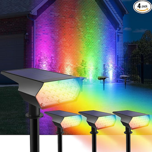 Upgraded Solar Spot Lights Outdoor, Waterproof IP65 RGB Color Changing Solar Outdoor Lights, Multicolor Solar Landscape Spotlights with Memory Function for Holiday Decorations, Yard, Garden, Pathway