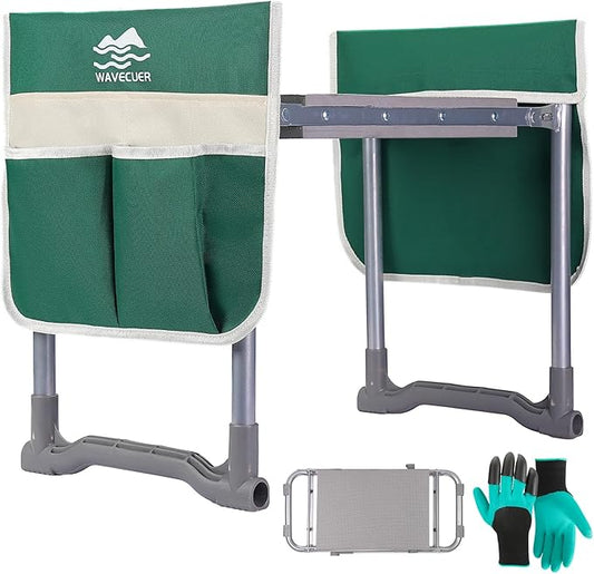 Garden Kneeler and Seat, Foldable Garden Stool 10.2" Width, Heavy Duty Knee Seat for Gardening with 2 Tool Pouches & Gloves, Gardening Accessories for Women, Grandparents, Seniors (Green)
