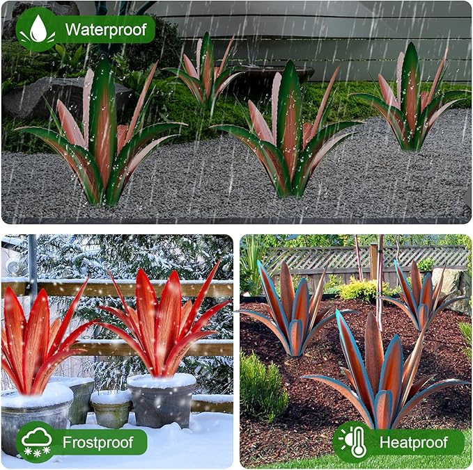 Enlarge Thickened Wind Resistant Metal Agave Garden Art Metal Plant Country Garden Sculpture Statue Outdoor Decoration Agave Metal Plant Courtyard Garden Lawn Ornament Gift (1, 12 Leaves red)