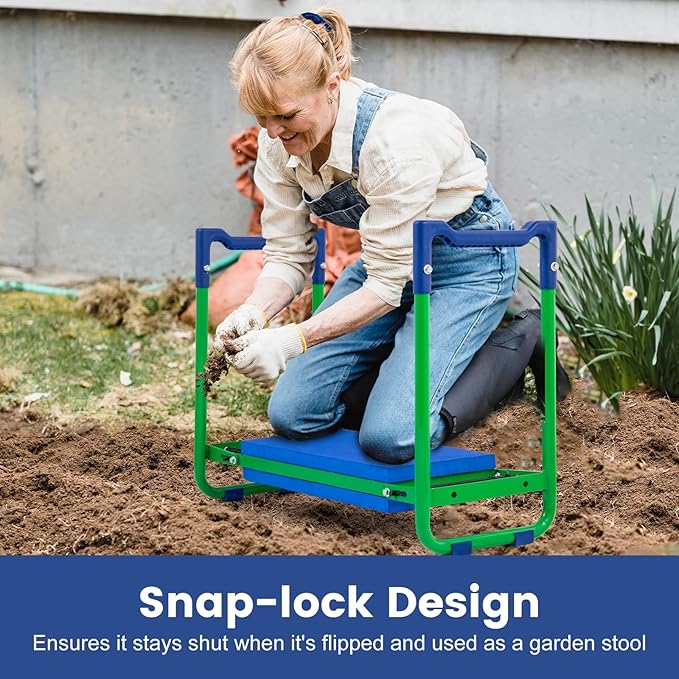 Heavy Duty Garden Kneeler and Seat, Convertible 2-in-1 Design with Thick EVA Cushion & Large Tool Bag, Support for Knee & Back Pain Relief, Durable Gardening Stool for Weeding, Planting