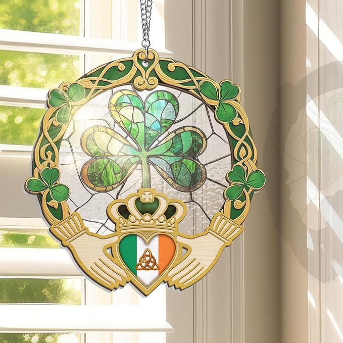 FLAGWIX Irish Gifts for Women, Men - Christmas, Birthday Gifts for Women, St Patricks Day, Shamrock Decorations, Good Luck Gifts, Claddagh, Celtic Home Decor - Window Suncatcher Hanging Decorations