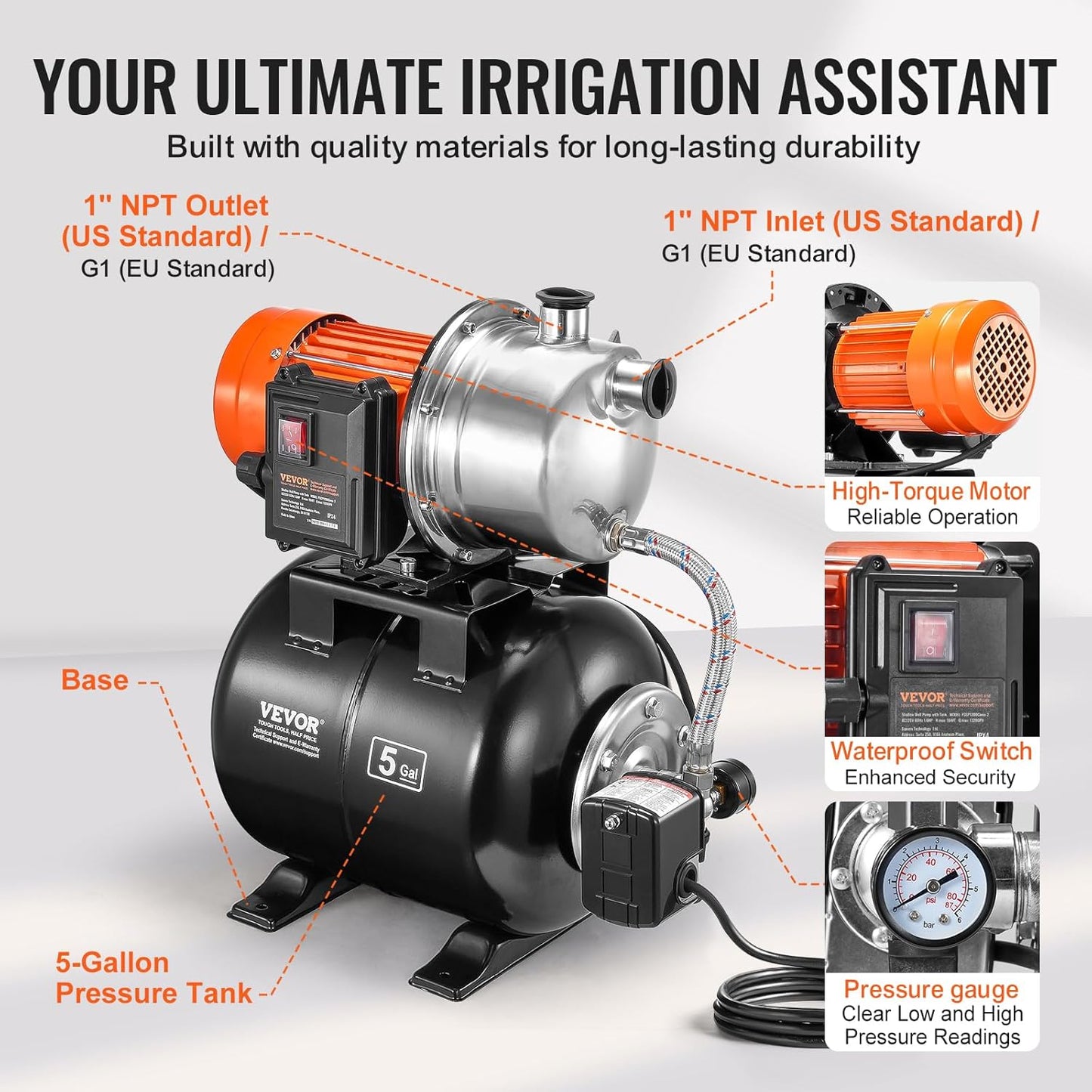 VEVOR 1.6 HP Shallow Well Pump With Pressure Tank, 1320 GPH, Automatic Irrigation Water Booster, 5-Gal Tank 30/50 PSI Switch, Stainless Steel Head for Home Garden Lawn