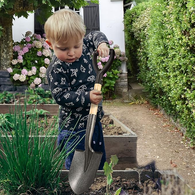 Shovel for Digging 28 In Small Round Shovel with D Handle Kids Metal Beach Shovel，Camp Shovel ，Garden Shovel ,Gardening Tools Wooden Handel, Yellow Wood, 28In