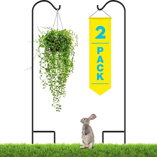Gray Bunny 65" Shepherds Hooks for Outdoor 2 Pack, Thick Bird Feeder Pole, Hanging Plant Stand, Shepherds Hook for Bird Feeder, Non-Hollow, Non-Adjustable, Extra Long Base Prongs