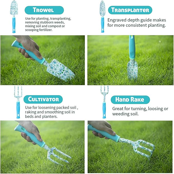 Garden Tool Set 9 Piece Aluminum Alloy Gardening Hand Tools Kit Gift for Women & Parent Gardening Supplies with Gloves,Tote,Kneeling Pad,Hand Pruner,Trowel,Hand Rake,Weeder,Fork,Transplanter