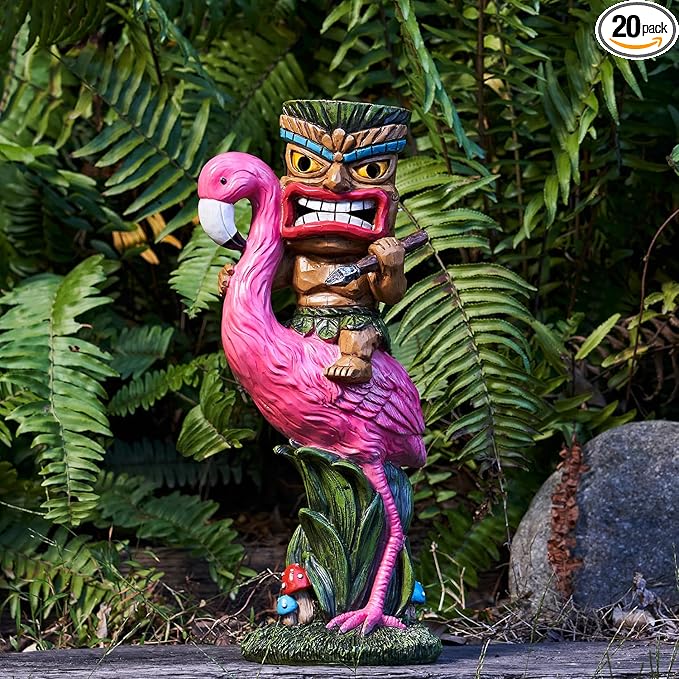 Solar Tiki Statue - Outdoor Statue - Solar Powered Garden Figurine Tiki Decoration for Bar, Patio, Balcony, Yard, Lawn, Table, Riding a Flamingo 13.66 Inches Tall