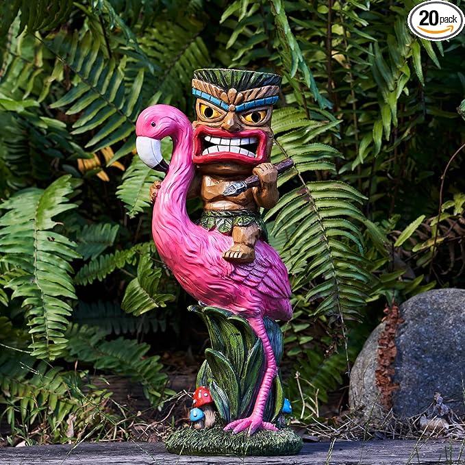 Solar Tiki Statue - Outdoor Statue - Solar Powered Garden Figurine Tiki Decoration for Bar, Patio, Balcony, Yard, Lawn, Table, Riding a Flamingo 13.66 Inches Tall