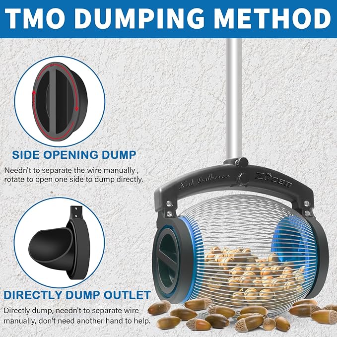 Zozen Acorn Picker Upper Roller, 2 Dumping Method | Acorn Dedicated Version - High Density Steelwire Gap | Also Apply to Nerf Balls, Pick Up Size 3/8'' to 1'' Small Diameter Objects, Capacity 1 Gallon