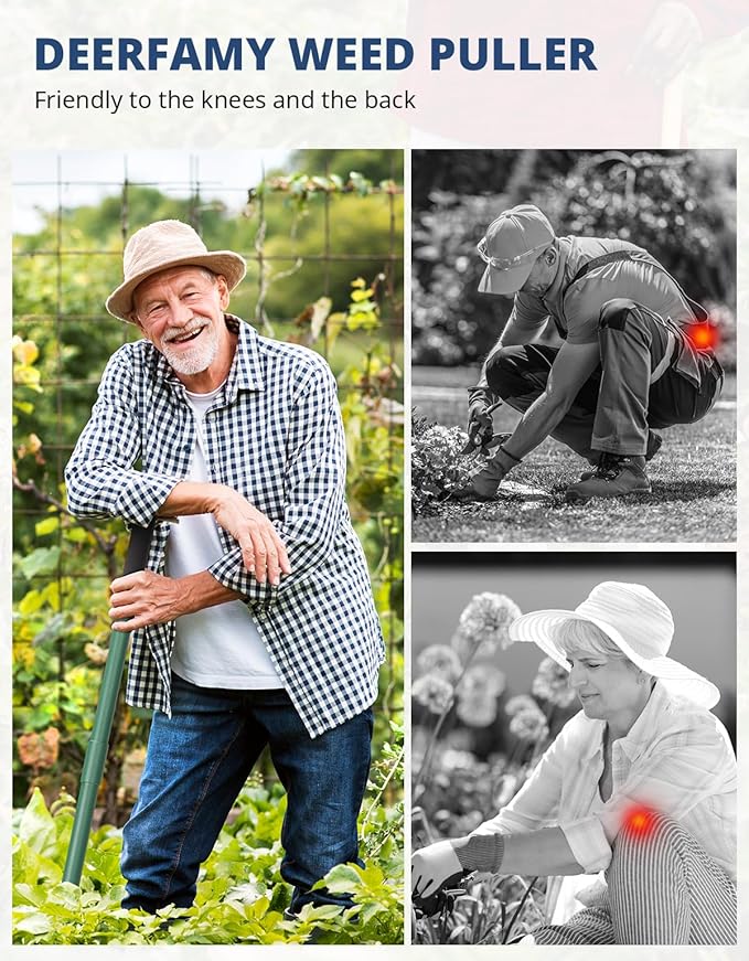 DEERFAMY Stand Up Weed Puller Tool with Long Handle, Garden Weeder Tool with 4-Claw Steel Head Design, Manual Weeder with 3-Metal Structure, Effortless Weeding Without Bending, for Dandelions, Green