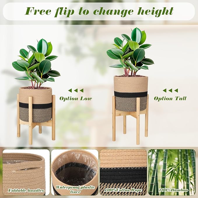 Plant Basket with Stand Indoor Planter Pot Holder Sturdy Jute Rope Modern Woven Basket, Cotton Rope Woven Pot with Bamboo Stand(10 Inch,Black and Beige Stripes)