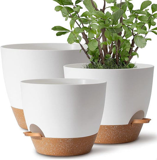 Giraffe Creation Plant Pots Set of 3 (12/10/9 inch), Self-Watering Indoor & Outdoor Flower Planters with Drainage Hole and Reservoir, White