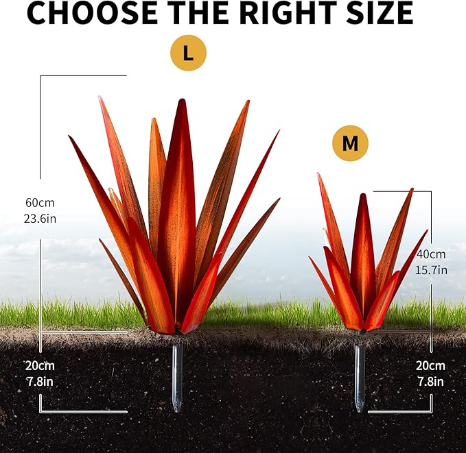 Large Tequila Rustic Sculpture, Rustic Metal Agave Plants for Outdoor Patio Yard, Home Decor Hand Painted Garden Yard Statue, Lawn Ornaments Yard Stakes (Red - L)