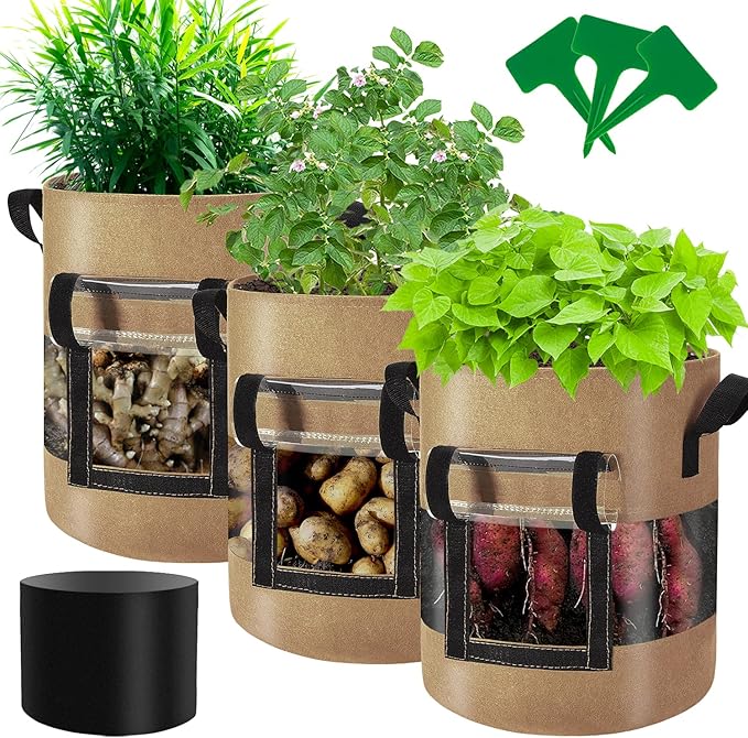 Visible Strawberry Sweet Potato Grow Bags 7 Gallon with Flap Window 3-Pack, Heavy Duty Thickened Aeration Nonwoven Fabric Pots with Handles, Come with 3-Pcs Plant Labels&Lens Hoods