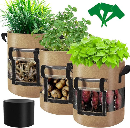Visible Strawberry Sweet Potato Grow Bags 7 Gallon with Flap Window 3-Pack, Heavy Duty Thickened Aeration Nonwoven Fabric Pots with Handles, Come with 3-Pcs Plant Labels&Lens Hoods