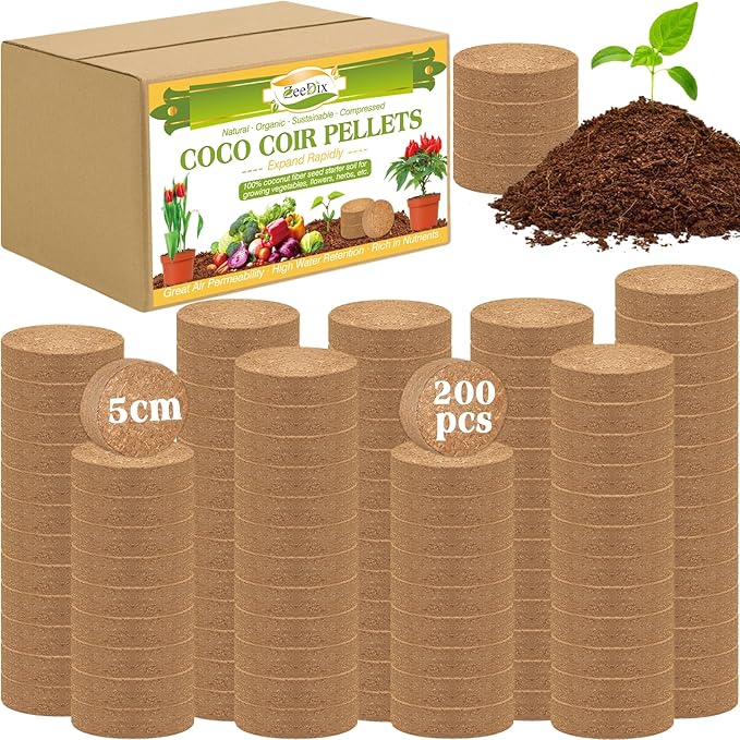 ZeeDix 200Pcs 50mm Compressed Coco Coir Fiber Potting Soil Seed Starters - Organic Coco Coir Pellet Fiber Soil for Planting Bonsai, Herbs, Flowers and Vegetables