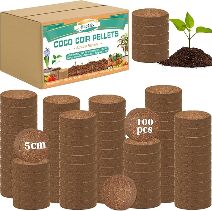 ZeeDix 100pcs(50mm) Coco Coir Pellets Potting Soil Indoor Plants, Compressed Coconut Coir Soil Pellets Seed Starting Pellets Soil Discs for Planting Flowers Bonsai Herbs Plants and Vegetables