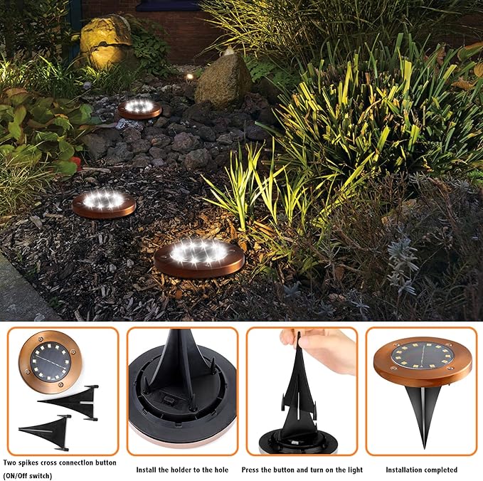 Outdoor In-Ground Lights Solar Disc Lights Outdoor Solar Garden Lights In Ground Solar Landscape Light 4Pack 12 led for Pathway Yard Patio Walkway