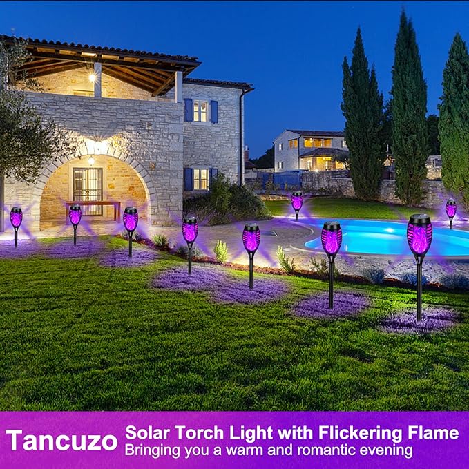 Solar Lights Outdoor Waterproof Purple, Upgraded 6 Pack Solar Tiki Torches with Flickering Flame for Garden Decor, Solar Outdoor Landscape Lights for Porch Yard Pathway Halloween Decorations