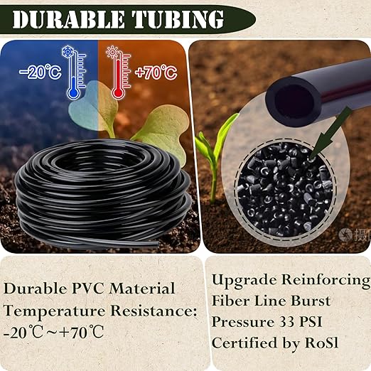 1/4in. Drip Irrigation Tubing - 50FT Drip Line Irrigation System Parts for Garden(Includes 1/4" Straight Connector, Ends, T Connectors, Cable Zip Ties)