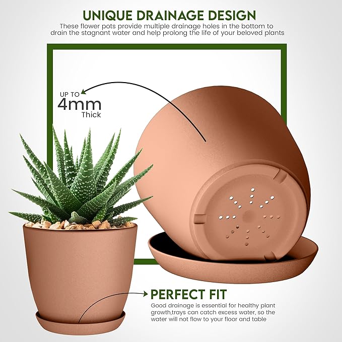 Utopia Home - Plastic Terracotta Pots with Drainage - 7/6.6/6/5.3/4.8 Inches Plant Pots or Flower Pots for Indoor Planter - Pack of 5 Plastic Planters, Cactus, Succulents Pot