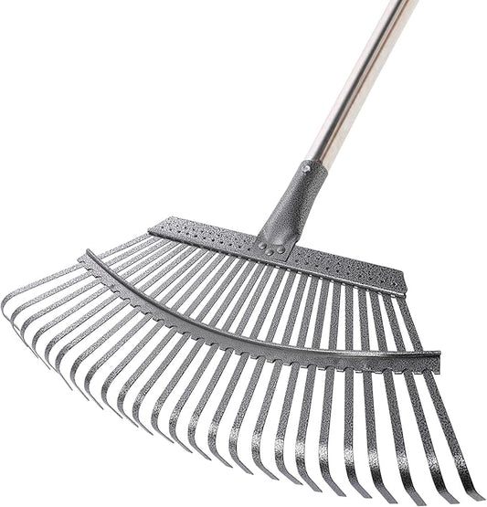 Yocada 19.3" Garden Leaf Rake Wide Heavy Duty Adjustable Long Handle Garden Rake for Yard Garden Lawn Leaves (25 Tines)