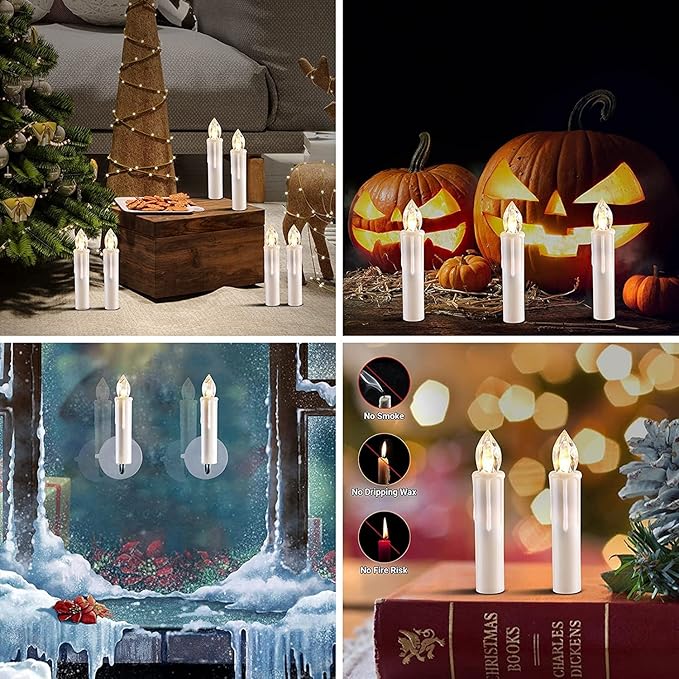 Set of 10 Ivory Flameless Window Candles, 4”H Battery Operated LED Flickering Taper Candles with Remote and Timer, Warm White Candlelight, Ideal for Chandelier/Birthday/Christmas/Party Decor