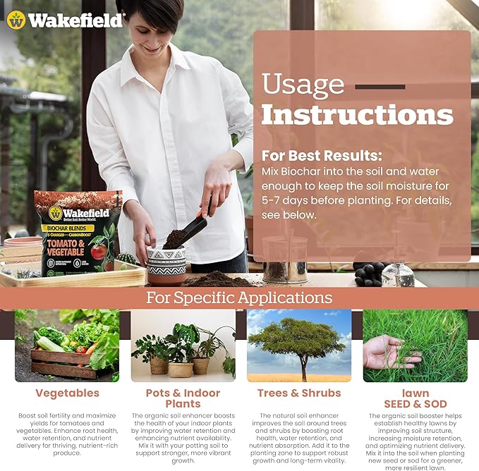 Wakefield - Premium Biochar Blend - Organic Potting Soil with Humic Acid for Vegetables - Enhanced Organic Soil Mix with CarbonBoost for Vegetables,Tomatoes and Gardens - 4 quarts