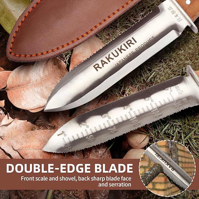 Hori Hori Garden Knife Japanese Stainless Steel, 7'' Durable Gardening Tool for Weeding, Digging, Cutting & Planting with Leather Sheath