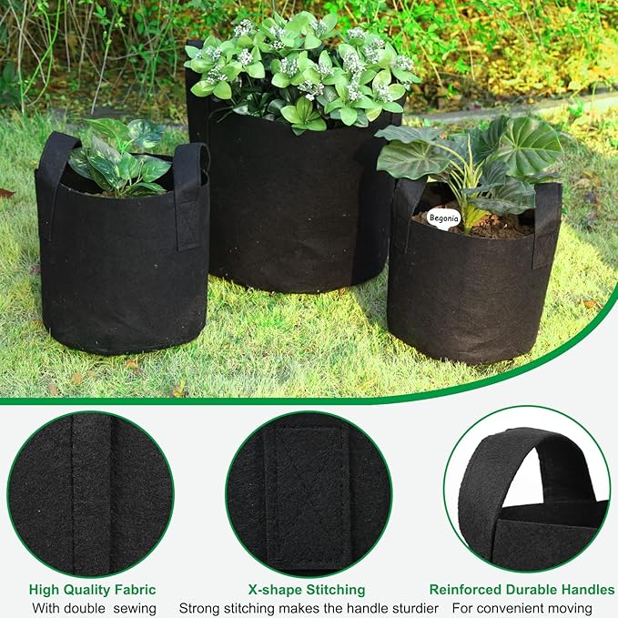 JERIA 8-Pack 3 Gallon Grow Bags, Aeration Fabric Pots with Handles, Heavy Duty Thickened Nonwoven Grow Pots with 8 Pcs Plant Labels