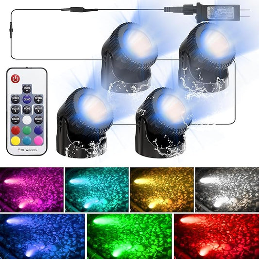 RGB Underwater Pond Lights, 20 Colors Dimmable Fountain Lights with Timer, IP68 Waterproof Underwater Submersible Led Lights with Remote Control for Outdoor Ponds Aquarium Garden Pool (Set of 4)