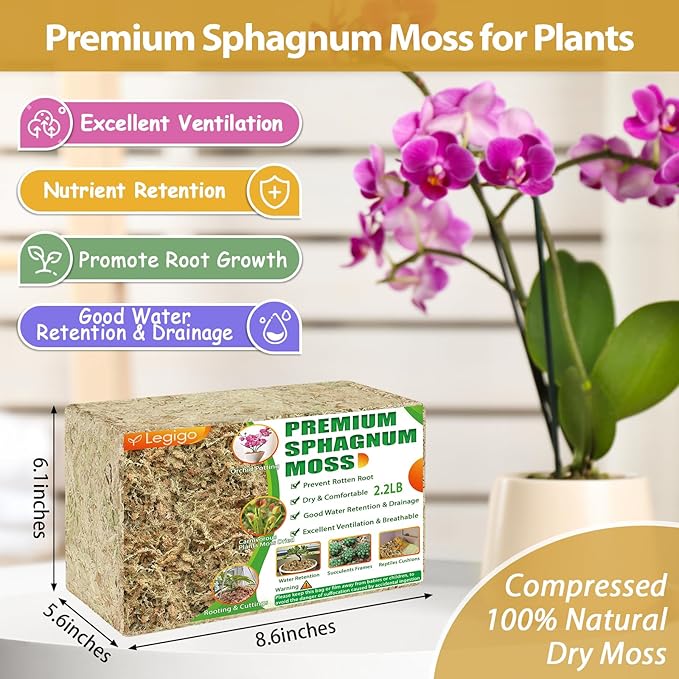 Legigo 2.2LBS Premium Sphagnum Moss for Plants- 40QT Natural Succulent Carnivorous Plant Moss Dried, Long Fiber Orchid Moss for Orchid Repotting Succulent Sarracenia Potted Plants Gardening & Reptiles