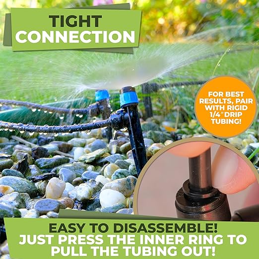 Carpathen 30pcs Drip Irrigation Emitters - 1/4" Drip Irrigation System Push-to-Connect - Adjustable 360 Degree Drip Emitters Vortex on 6" Sturdy Stake - Irrigation Drippers for Garden Watering System
