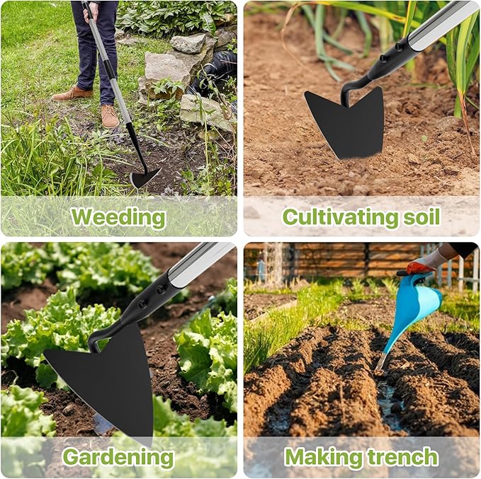 Warren Hoe Garden Tool, Heavy Duty Garden Hoes for Weeding Long Handle, Easy Stand Up Triangle Weeder Tool for Garden, 35-66 inch Adjustable Gardening Hoe for Weed, Trench, Loosen Soil, Landscape