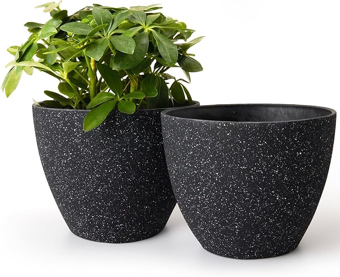 LA JOLIE MUSE Flower Pots Outdoor Garden Planters, Indoor Plant Pots with Drainage Holes, Plastic, Speckled Black, Set 2 (7.5 + 7.5 Inch)