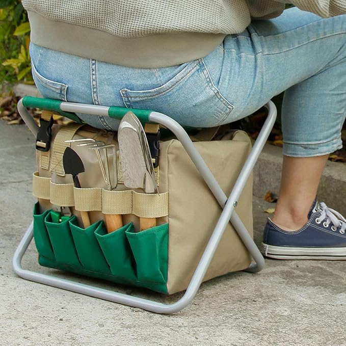 Folding Gardening Stool with Detachable Storage Tote Bag, Multifunctional Gardening Tools Set Organizer for Fishing and Camping,Portable Garden Chair Seat for Adults,Without Tools (Green)