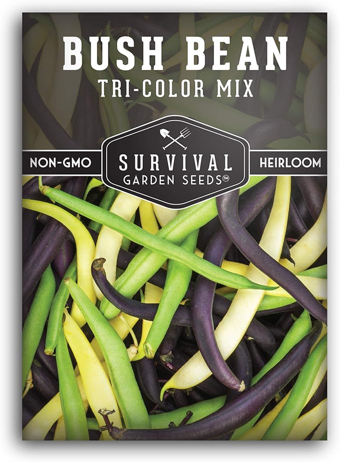 Survival Garden Seeds - Tri-Color Bean Seed for Planting - Packet with Instructions to Plant and Grow Yellow, Purple, and Green Bush Beans in Your Home Vegetable Garden - Non-GMO Heirloom Variety