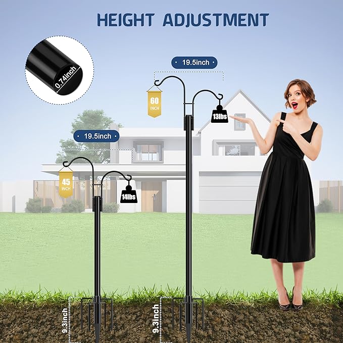 Ottsuls Bird Feeder Pole, 2 Pack 60 INCH Double Shepherds Hooks for Outdoor, Garden Pole with 5 Base Prongs Heavy Duty Planter Hooks for Hanging Plant Baskets, Lantern, Hummingbird Feeder